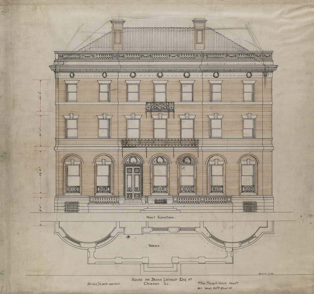 Bryan Lathrop House, Chicago, Illinois, Front Elevation and Terrace Plan, 1892. alkotó: Mead and White McKim
