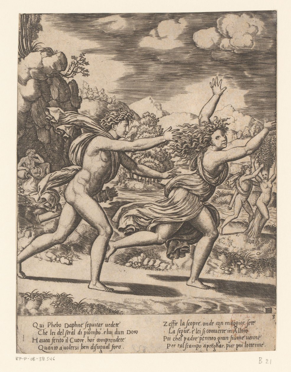 Apollo üldözi Daphnét Apollo és Daphne története (sorozat címe) alkotó: Meester van de Dobbelsteen