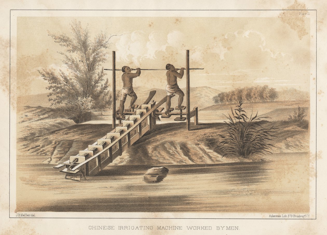 Férfiak által gyártott kínai öntözőgép, 1855 alkotó: Meffert