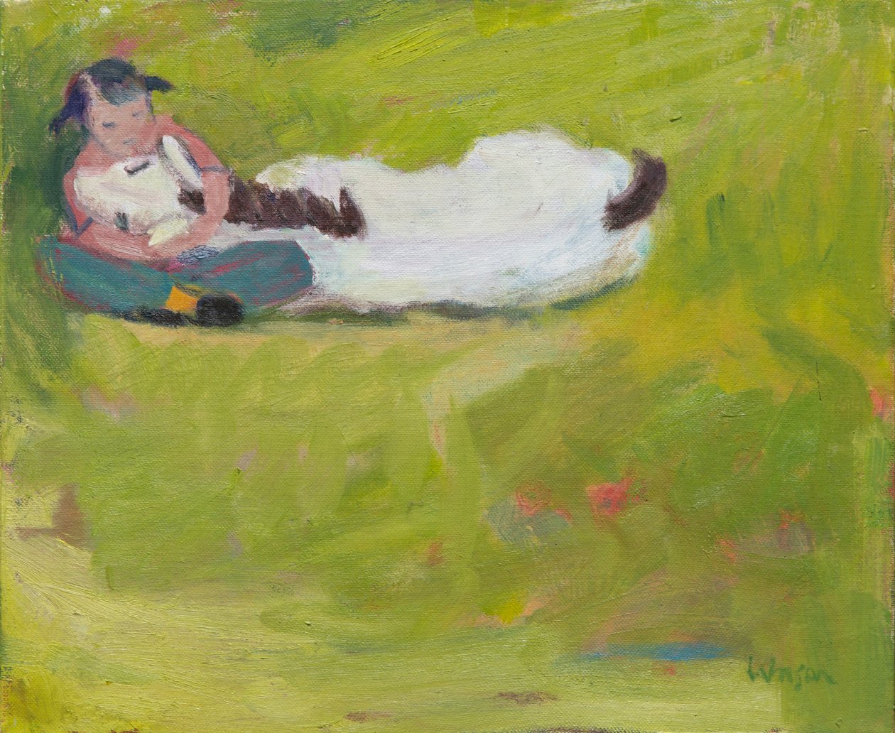 Kisgyerek egy döglött póni mellett, 2016 (olaj, vászon) alkotó: Megan Williamson