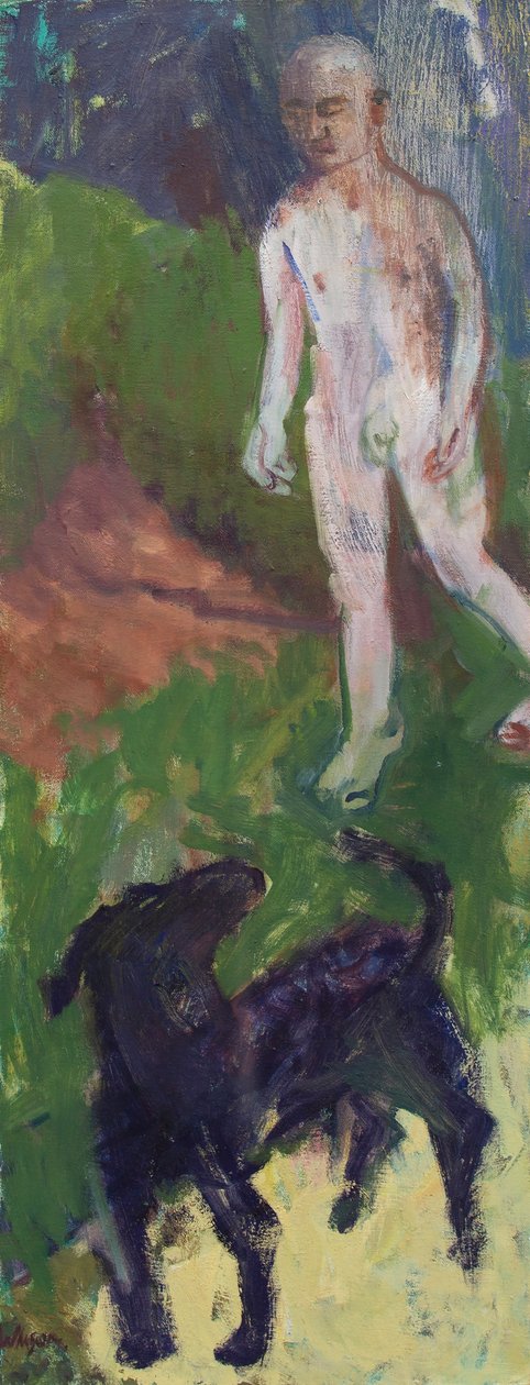 Fehér ember, aki fekete kutyát sétáltatott, 2016 (olaj, vászon) alkotó: Megan Williamson