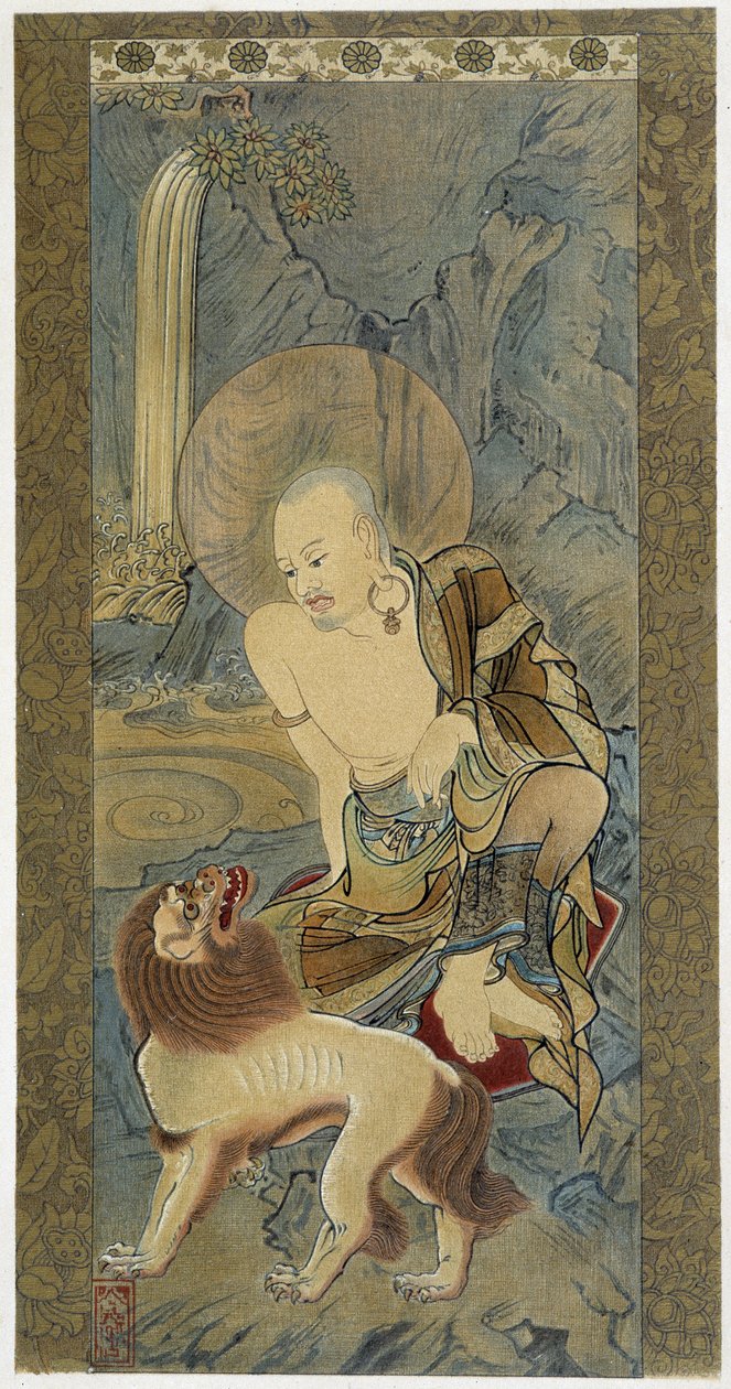 Az ember az oroszlánnal. Meicho (1427-1532) festménye selyemre. alkotó: Meicho