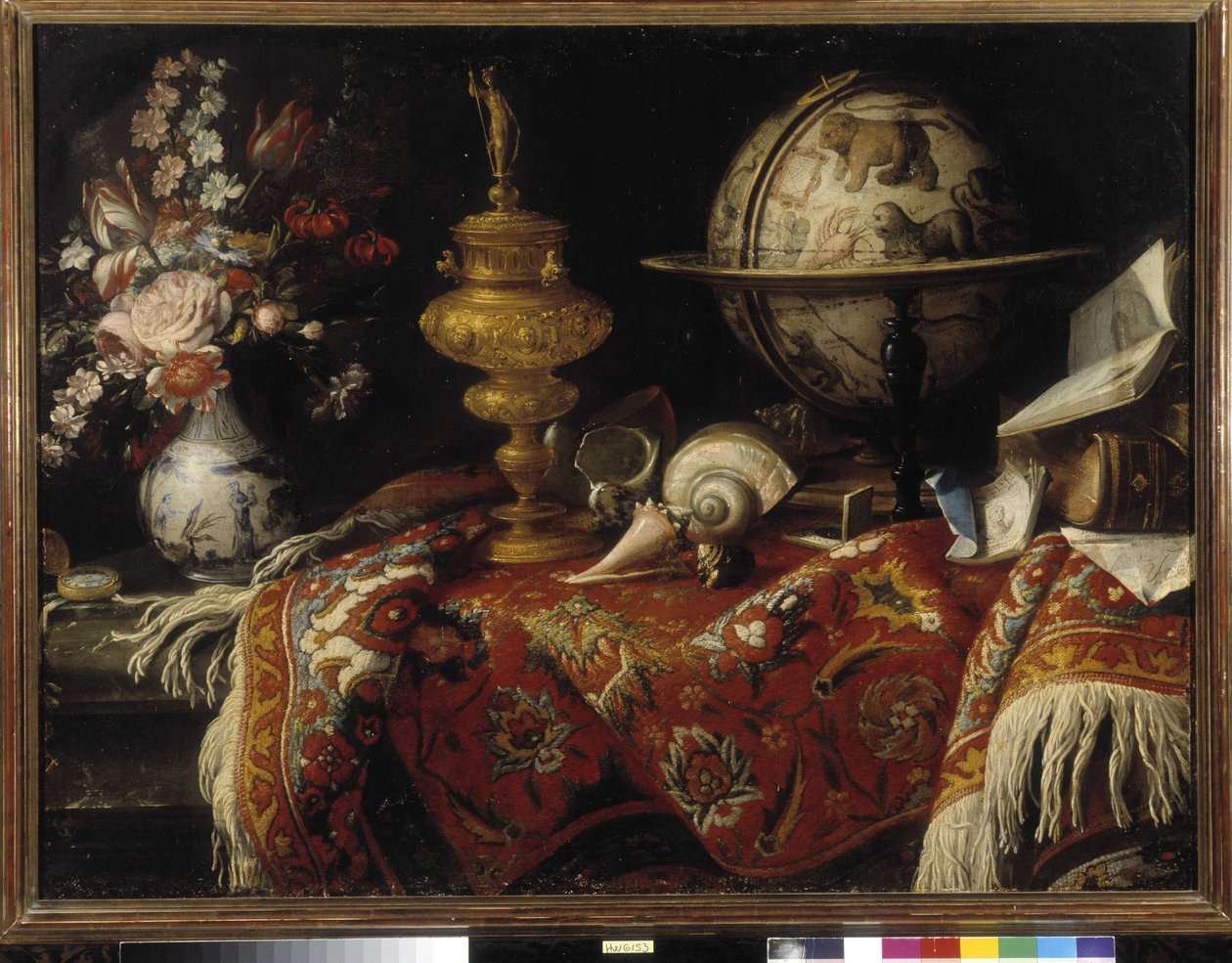 Virágváza, asztrálgömb, könyvek és aranymű a szőnyegen. Meiffren Conte (vagy gróf) festménye (1630-1705) Kötelező említés: Collection fondation regards de Provence, Marseille (cm 92x121) alkotó: Meiffren (c.1630 1705) Conte