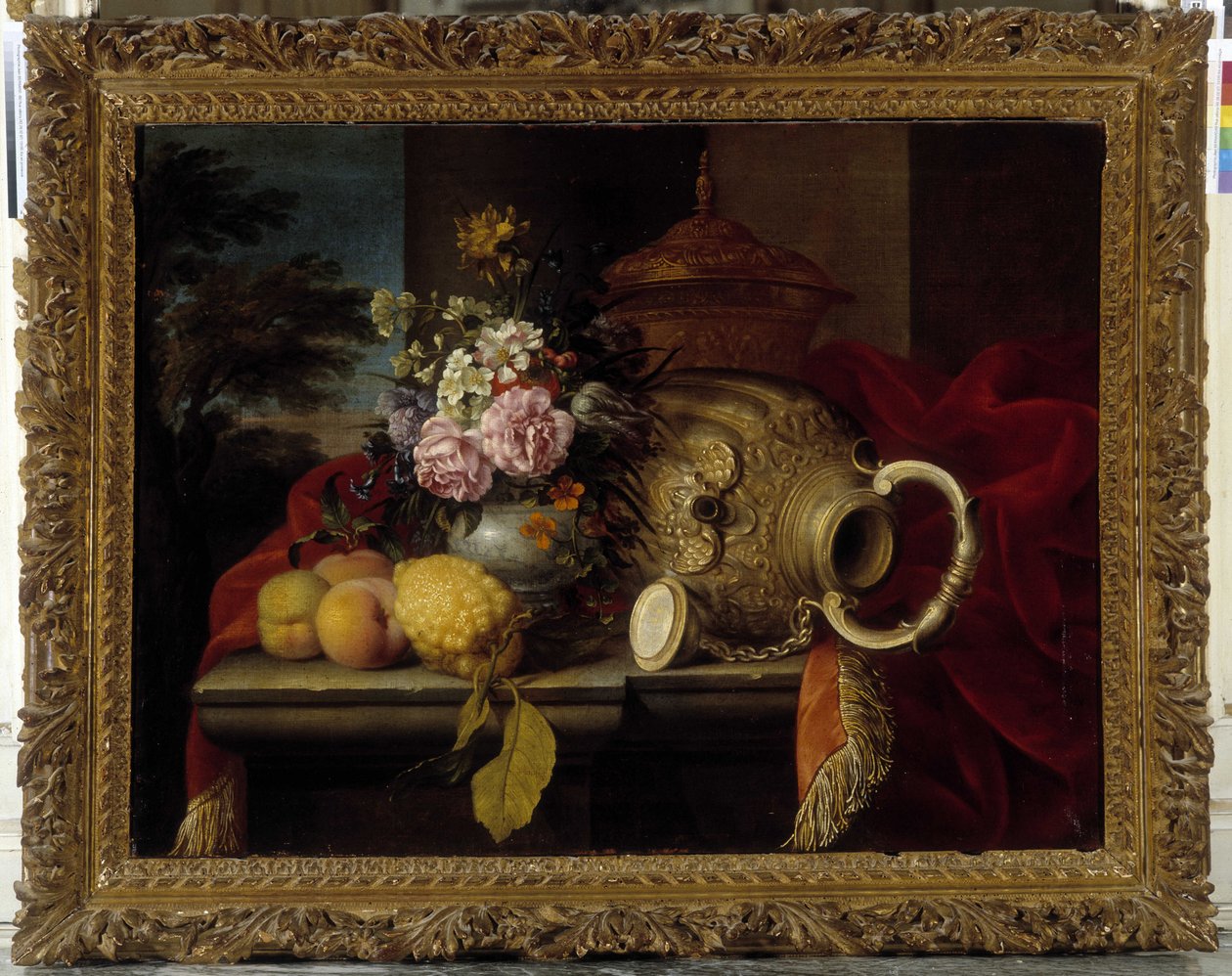 Csendélet csokorral, gyümölccsel, vázával és piros szövettel (olaj, vászon) alkotó: Meiffren (c.1630 1705) Conte