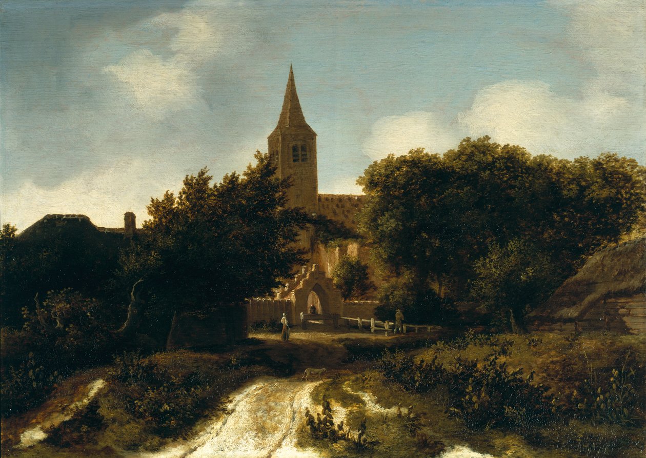 Erdős táj alakokkal egy templom mellett, 1660 körül alkotó: Meindert Hobbema