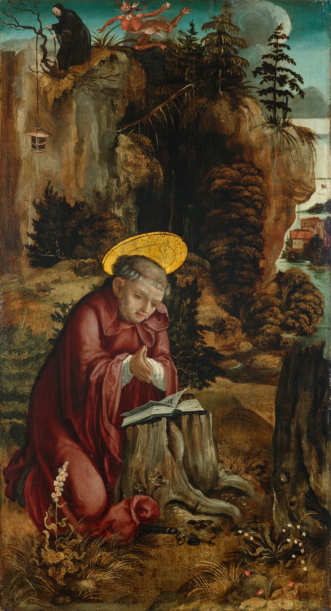 Utca. Benedek a subiacoi barlang előtt alkotó: Meister des Innerochsenbacher Annenaltars