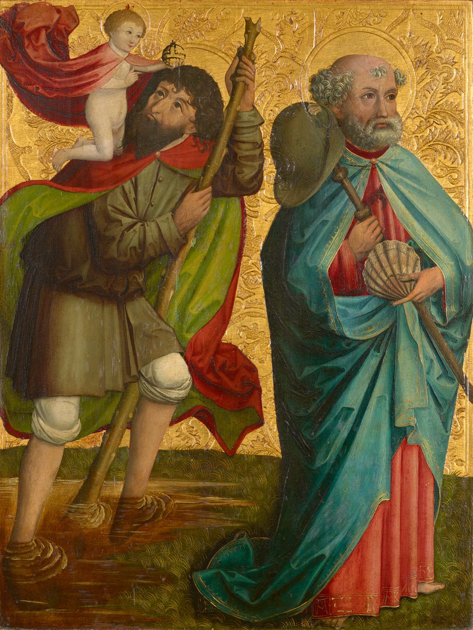 Az úgynevezett Pretschlaipfer triptichon bal szárnya: St. Christophorus és Jakobus Major (belül); Angyali üdvözlet Máriának (kint) alkotó: Meister von Großgmain (Werkstatt)