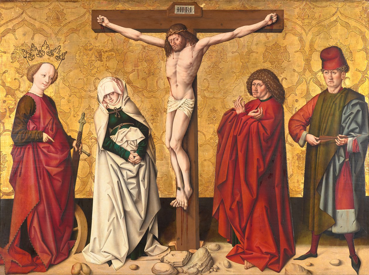 Krisztus a kereszten Szent között. Mary és John, Catherine és Sebastian alkotó: Meister von Großgmain