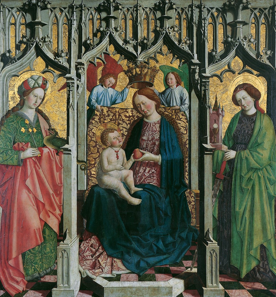 Mária trónra ültetett Szt. Margarethe és Barbara (előlap); Fájdalom embere indadíszben (hátul) alkotó: Meister von Uttenheim