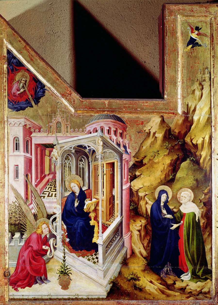 Chartreuse de Champmol oltárképe, bal oldalon az Angyali üdvözletet és a látogatást ábrázolja, 1393-99 körül alkotó: Melchior Broederlam