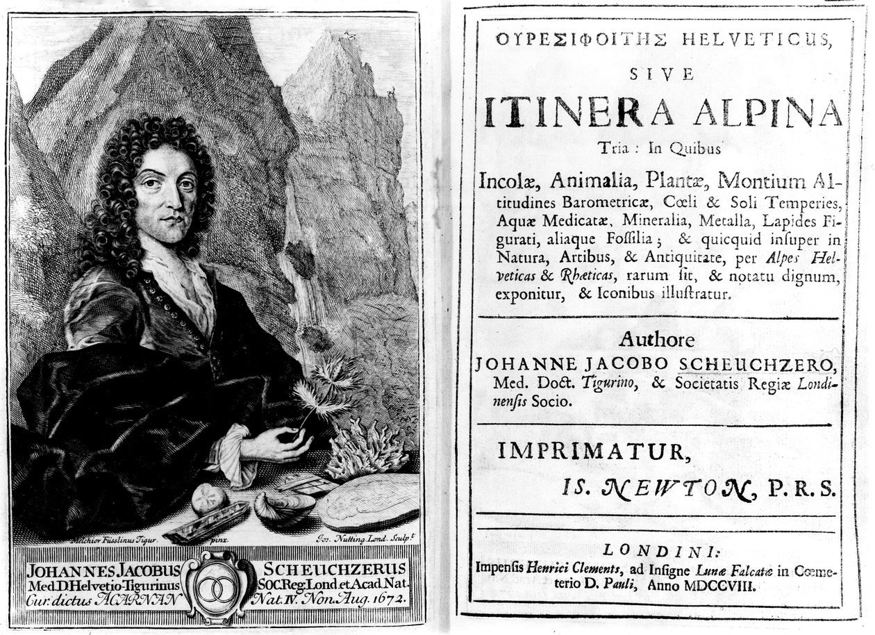 Johann Jakob Scheuchzer "Itinera Alpina Tria" című művének címlapja és címlapja, metszette Joseph Nutting, kiadó: 1708 alkotó: Melchior Fusslinus Tigur