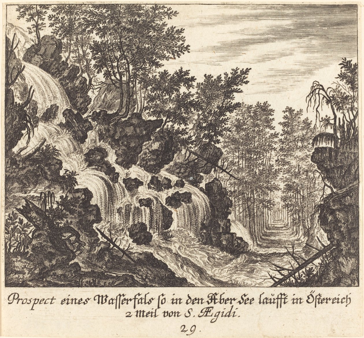 Kilátás a vízesésre, Ausztria alkotó: Melchior Küsel after Johann Wilhelm Baur