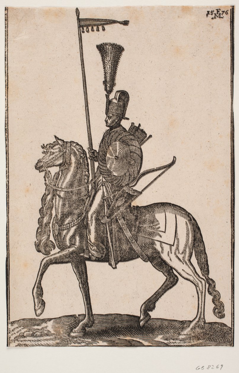 Lovas katona, profil v.-ig; lándzsa zászlóval, masni az oldalán, körpajzs, tegez; tollbokros fejdísz alkotó: Melchior Lorck