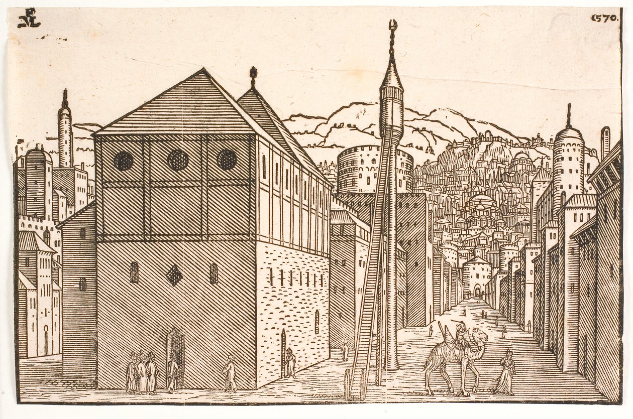 Mecset szabadon álló minarettel, külső lépcsővel alkotó: Melchior Lorck