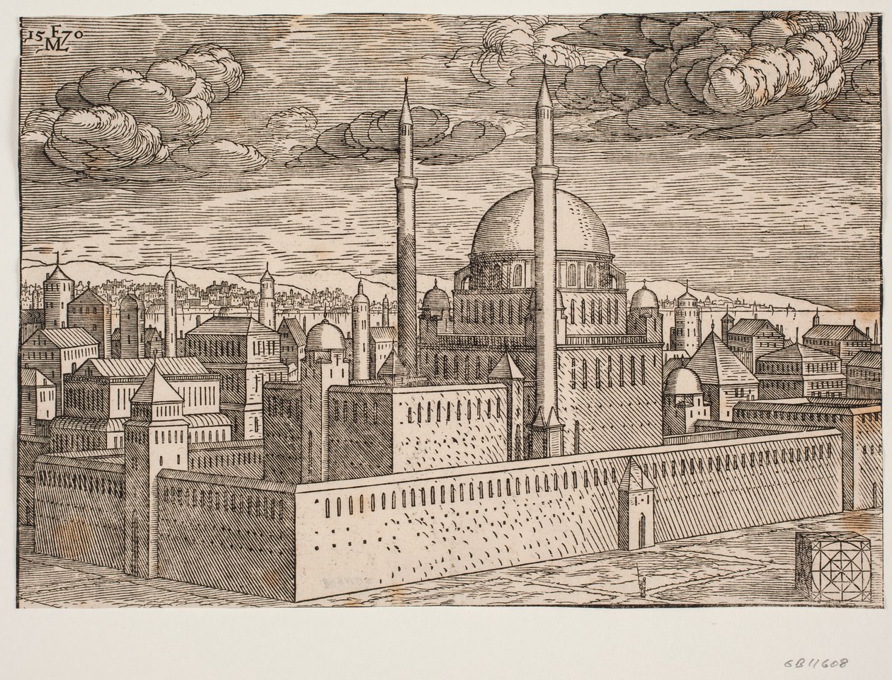 Mecset, két minarettel, északnyugat felől nézve; a víz túloldalán a Galata látható? A jobb alsó sarokban egy kocka alakú kő található, amelyre négyzet alakú geometrikus alakot véstek, amely feltehetően alkotó: Melchior Lorck