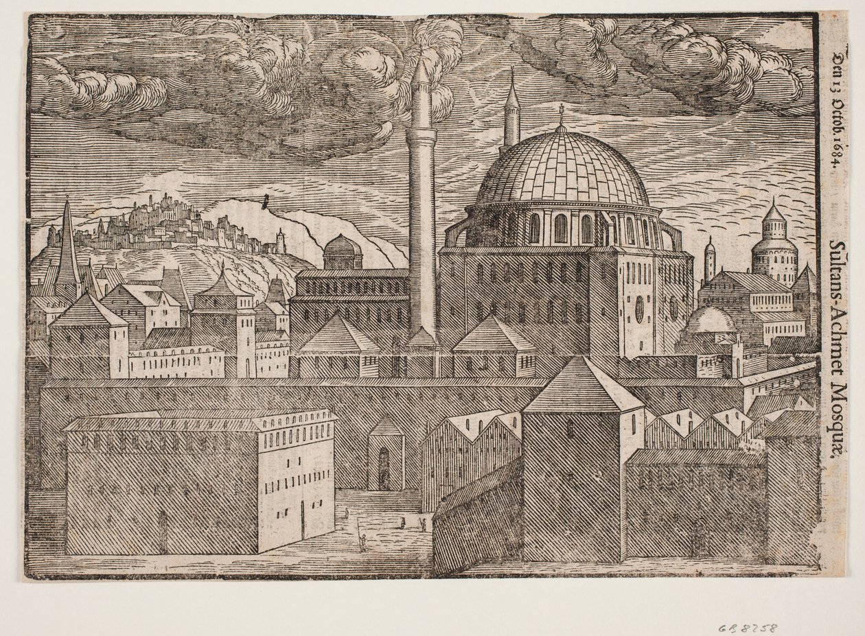 Azonosítatlan mecset 2 minarettel, délkelet felől nézve; tévé. hegy megerősített várossal alkotó: Melchior Lorck