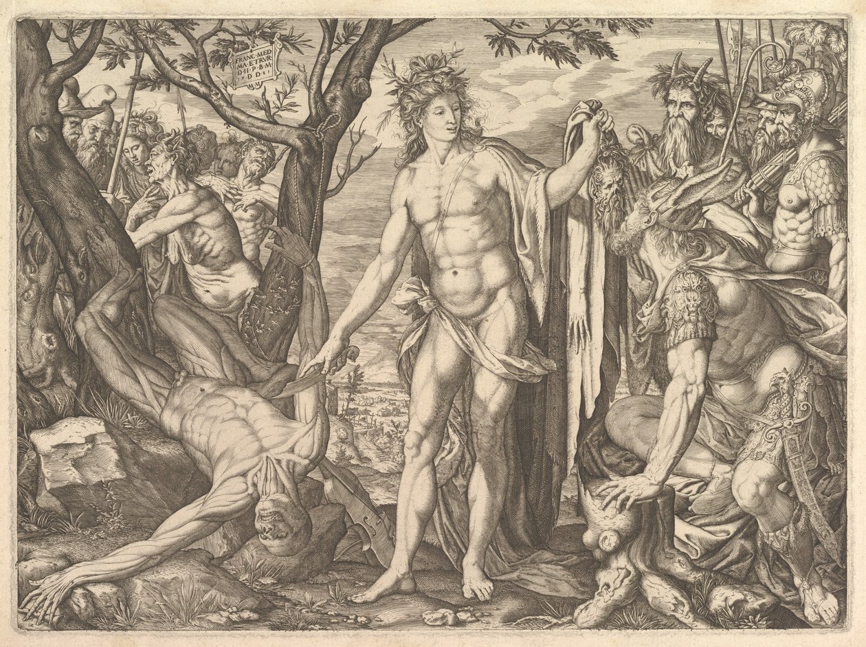 Apollo és Marsyas és Midas ítélete: jobbra Midas szamárfülekkel, 1581. alkotó: Melchior Meier