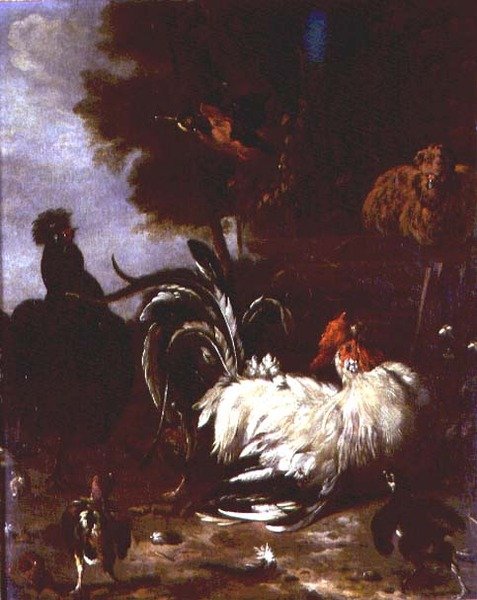 Kakas és más baromfi erdős tájban alkotó: Melchior de (follower of) Hondecoeter
