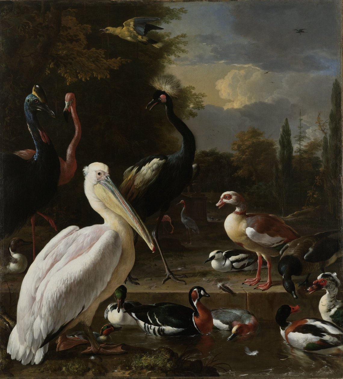 Pelikán és más madarak a medence közelében, „Az úszó toll” néven ismert, 1680 körül alkotó: Melchior de Hondecoeter
