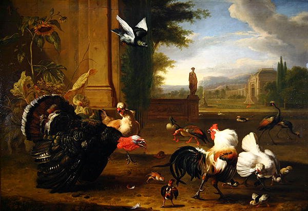 Pulyka, kakas, kakas és más egzotikus tyúk parkban (olaj, vászon) alkotó: Melchior de Hondecoeter
