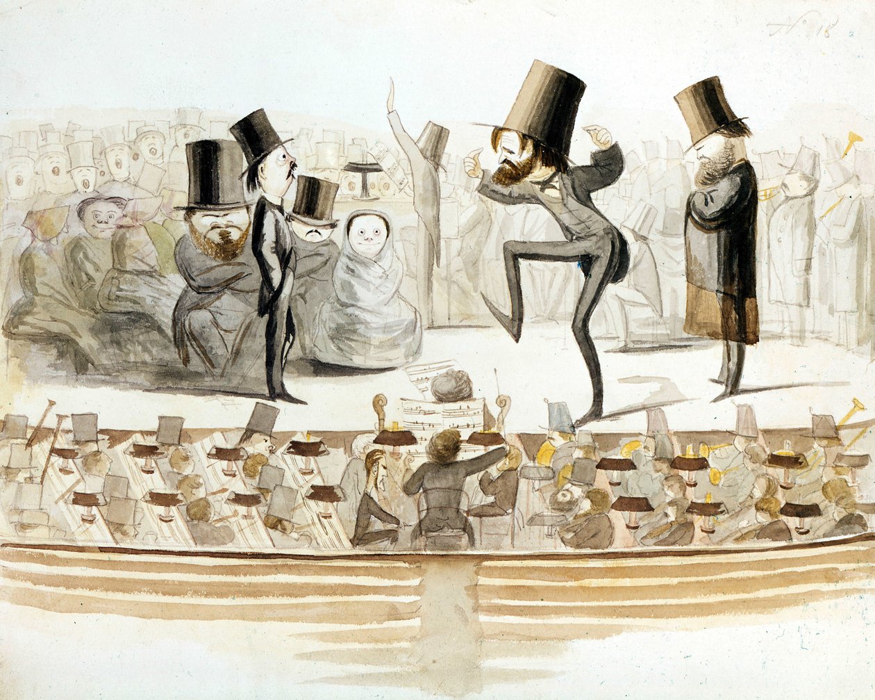 Giuseppe Verdi (1813-1901), olasz zeneszerző az „Un ballo in Maschera” (Un Bal masque) ismétléseivel Tenor Fraschinival és Fioretti szopránnal. Melchiorre Delfico rajzfilmje. Milánói. alkotó: Melchiorre Delfico