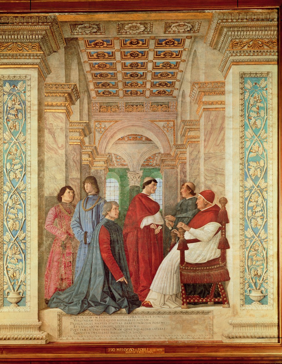 IV. Sixtus pápa Bartolommeo Platinát nevezi ki a Vatikáni Könyvtár igazgatójának, kb. 1477 (vászonra átvitt freskó) alkotó: Melozzo da Forli