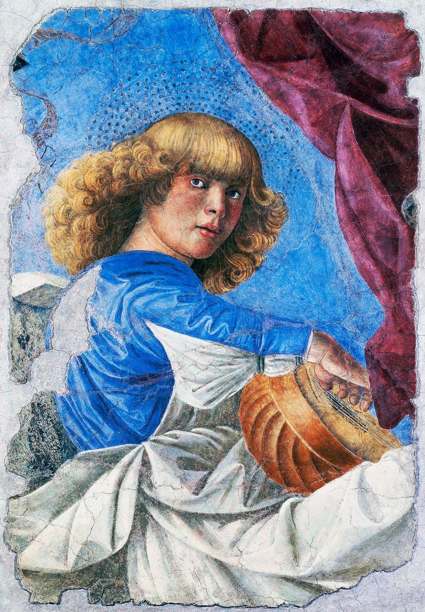 Angyal lanton játszik, 1480, Melozzo da Forli (1438-1494) freskója, Krisztus mennybemenetelének freskója, Olaszország alkotó: Melozzo da Forli