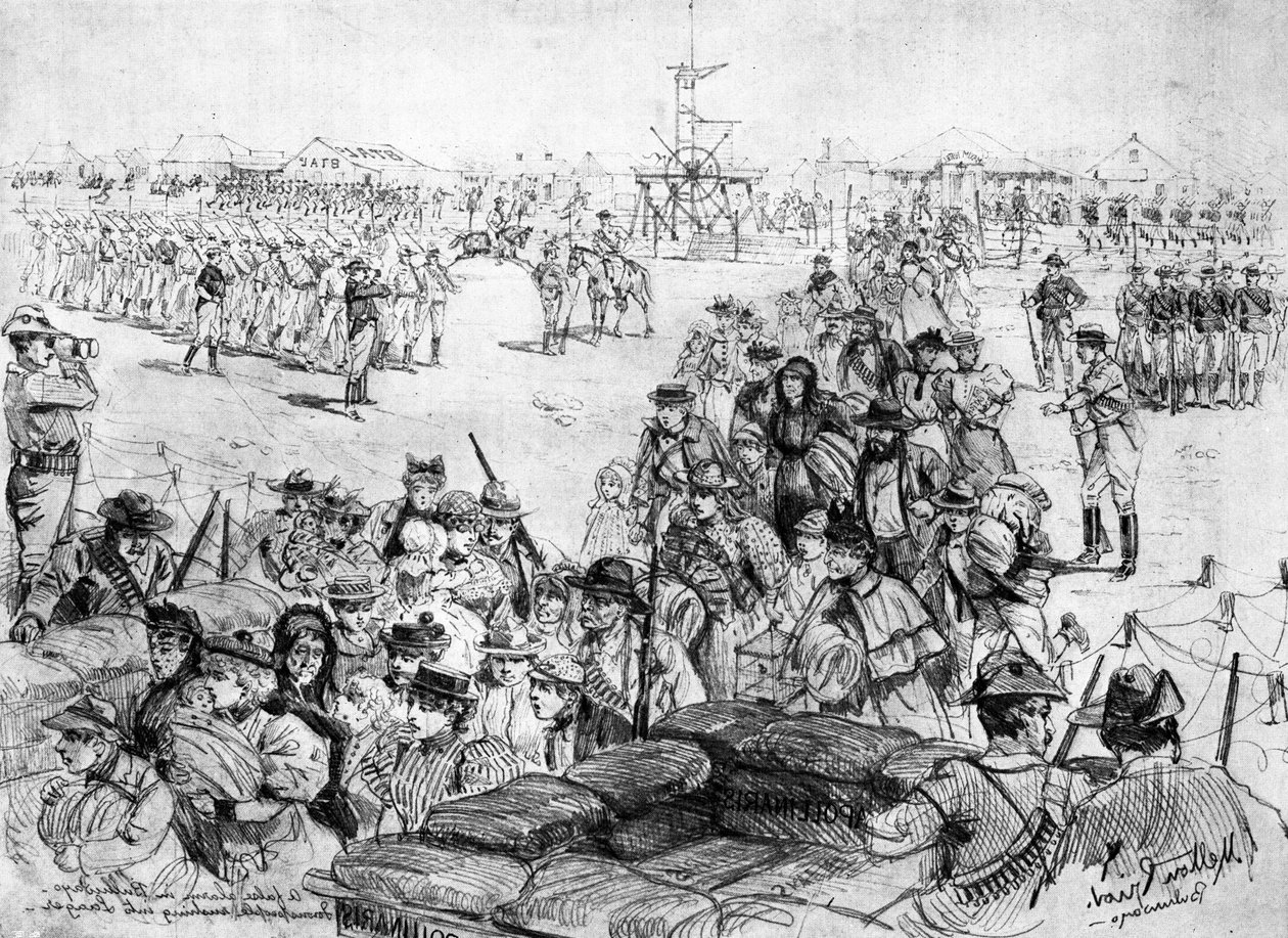 A Matabele-lázadás: Hamis riasztás Bulawayóban, Laagerbe rohanó városlakók, megjelent a The Illustrated London News-ban, 1896. június 6-án alkotó: Melton Prior