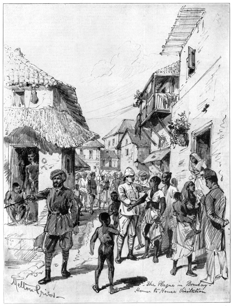 Házról házra tett látogatás a pestisjárvány idején Bombayben, Indiában, 1898. alkotó: Melton Prior