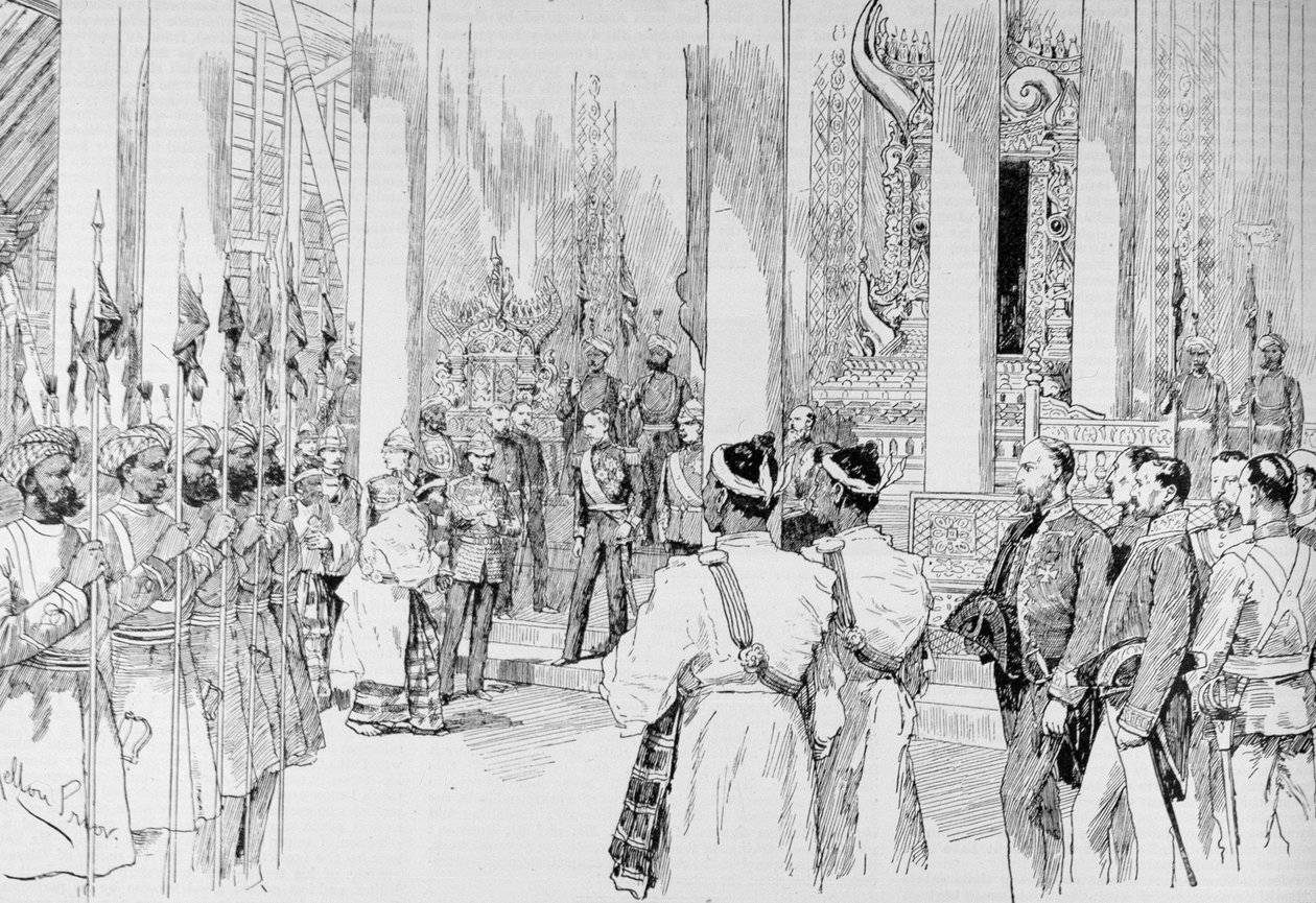 Lord Dufferin a mandalayi palota nagy tróntermében tartott leventét, a 