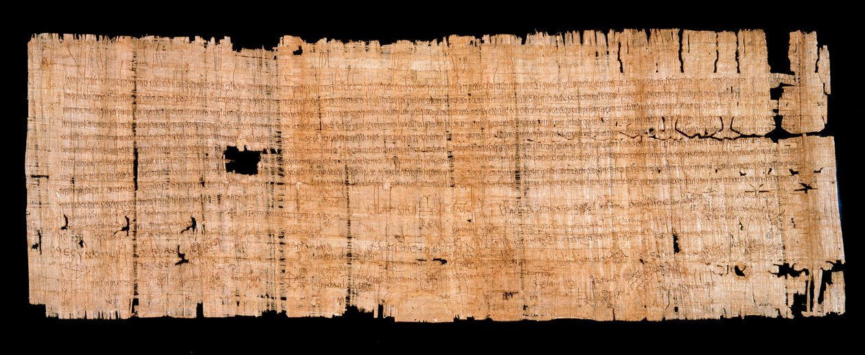 Meroving korszak: papiruszra írt jogi dokumentum kézirata, amely megerősíti a neustriai király II. Clovis (633-657) által a Saint Denis-i apátságnak 654. június 22-én biztosított mentelmi kiváltságot. Nap. 0,93x0,34 m Párizs, archives nationales alkotó: Merovingian