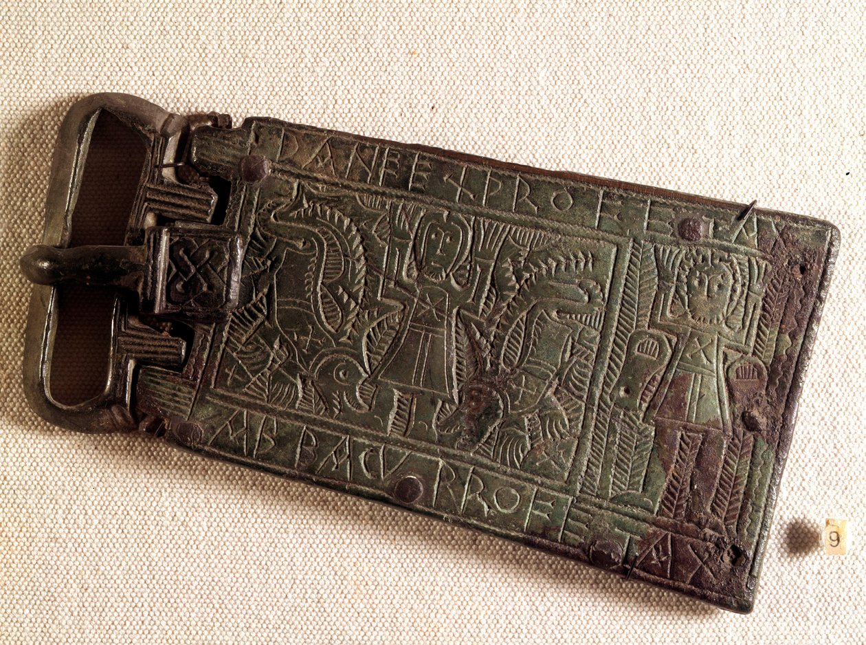 Meroving művészet: A burgundi királyság bronz övcsatja (barbár nép), amely Danielt ábrázolja az oroszlángödörben. 550-626. Franche-Comte-ból. Nemzeti Régészeti Múzeum, Saint Germain en Laye alkotó: Merovingian Merovingian