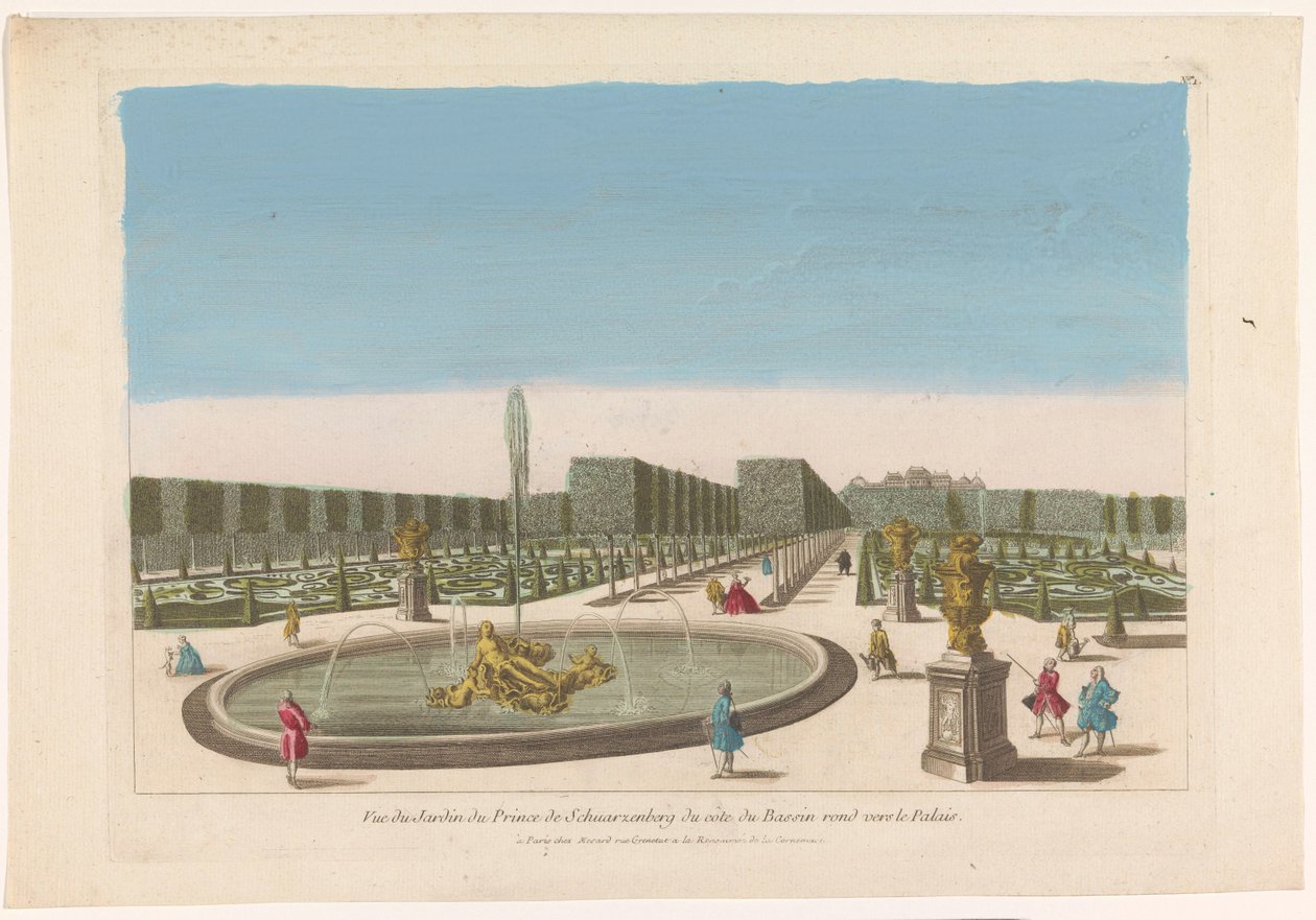 Kilátás a szökőkútra a Palais Schwarzenberg kertjéből, Bécs közelében Vue du jardin du Prince de Schwarzenberg du côte du bassin vers le palais körül (cím a tárgyon) alkotó: Mesard