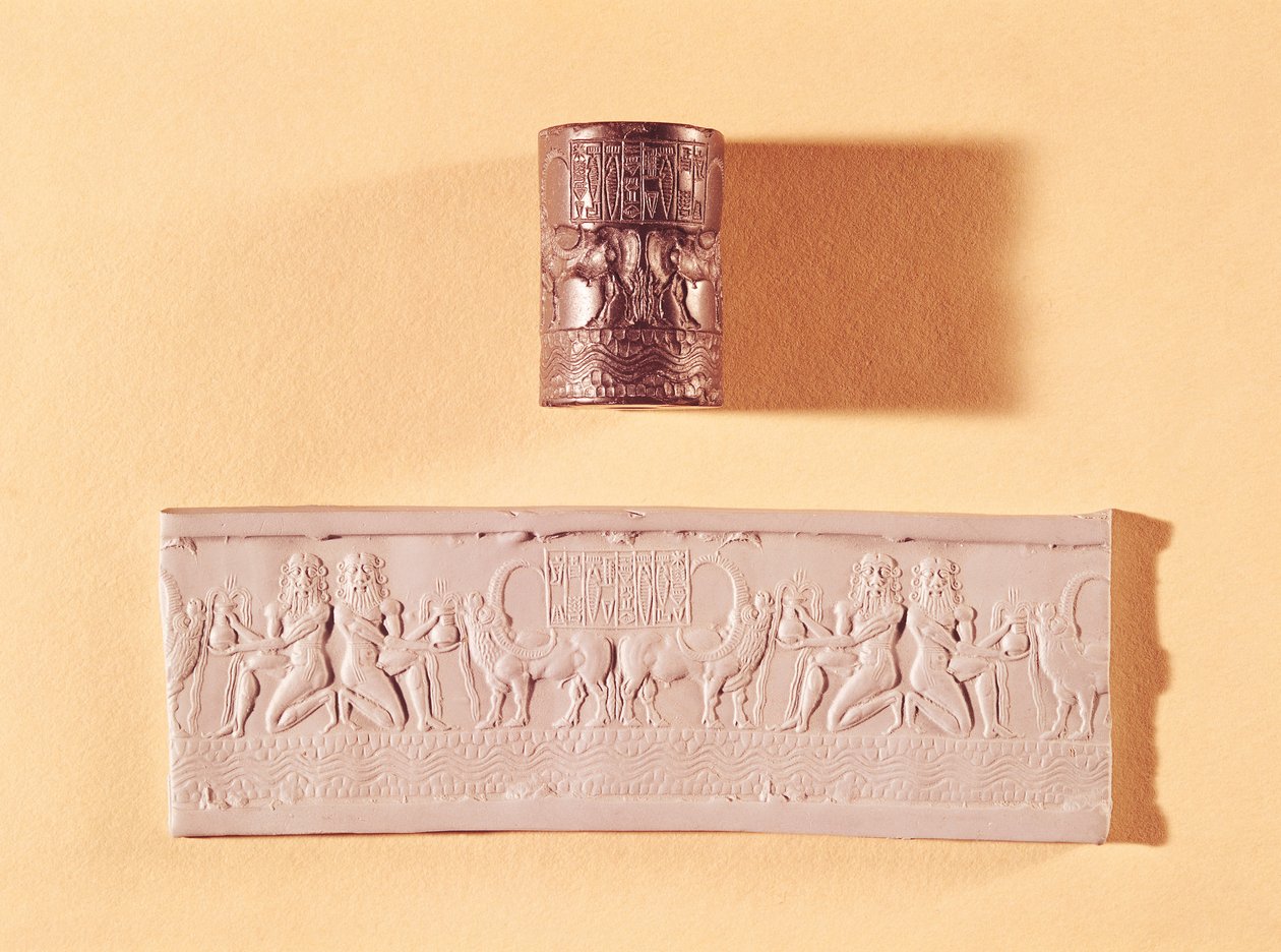 Akkád hengerpecsét és Shar-kali-sharri (Kr. e. 2217-kb. 2193) Akkád királyának lenyomata, Mezopotámia, ie 2340-2100 körül (márvány) alkotó: Mesopotamian