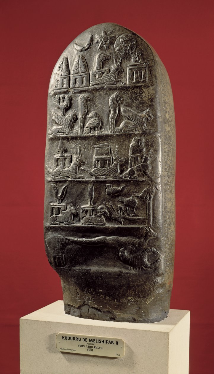 II. Melishikhu király Kudurru, aki babiloni emblémákat ábrázol, Szuszából (kalcit) alkotó: Mesopotamian