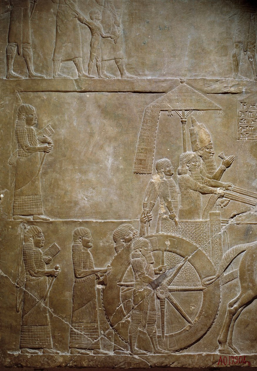 Mezopotámia: Elam hadjárata: Assurbanipal a tankján és elámi foglyok. Alacsony dombormű albaszterben Assurbanipal (vagy Ashurbanipal) király palotájából (Kr. e. 668-627). Kr.e. 645. Ninivéből. Párizs, Louvre Múzeum alkotó: Mesopotamian
