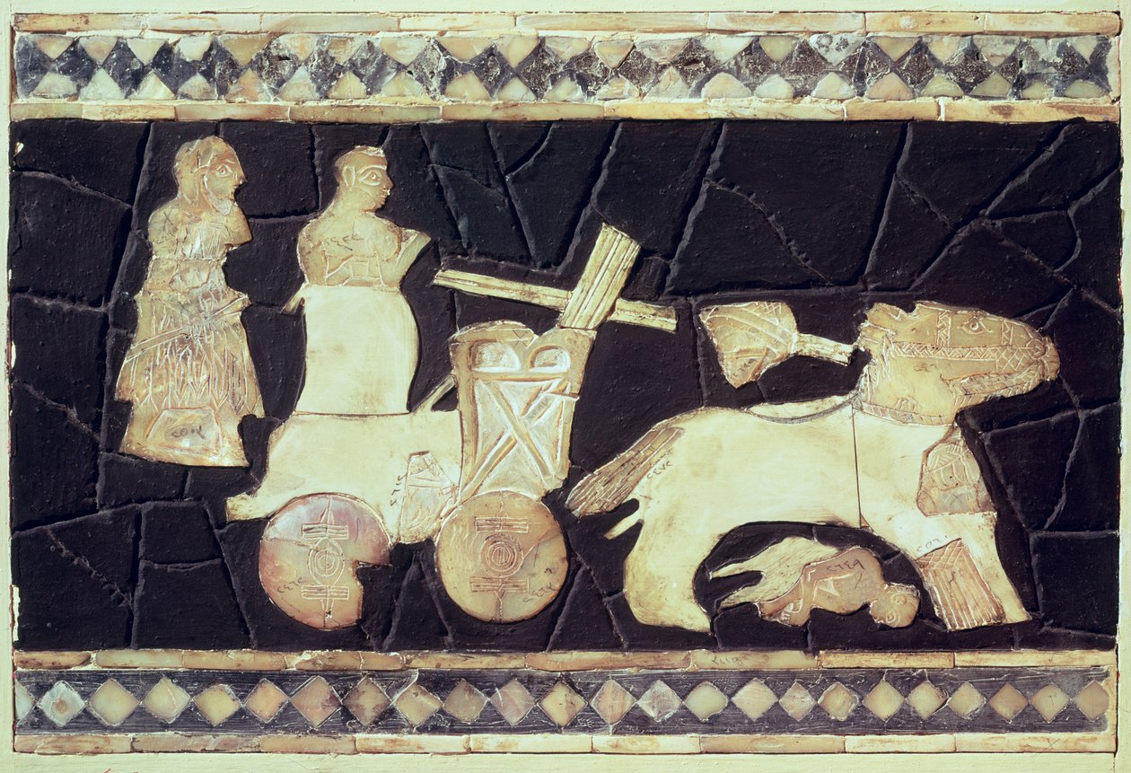 Két ló által húzott harci szekér, ie 2800-2300 (elefántcsont, gyöngyház és mozaik) alkotó: Mesopotamian