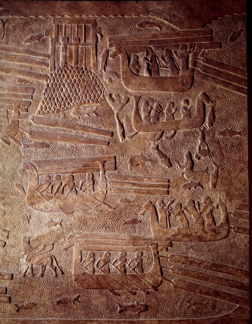 Mezopotámia: a fa Libanonba szállítását bemutató tengeri jelenet. Részlet egy alacsony domborműves albaszterről Khorsabadból (Khunsabad). Sargon Regne II. Kr.e. 710. Párizs, Louvre Múzeum alkotó: Mesopotamian Mesopotamian