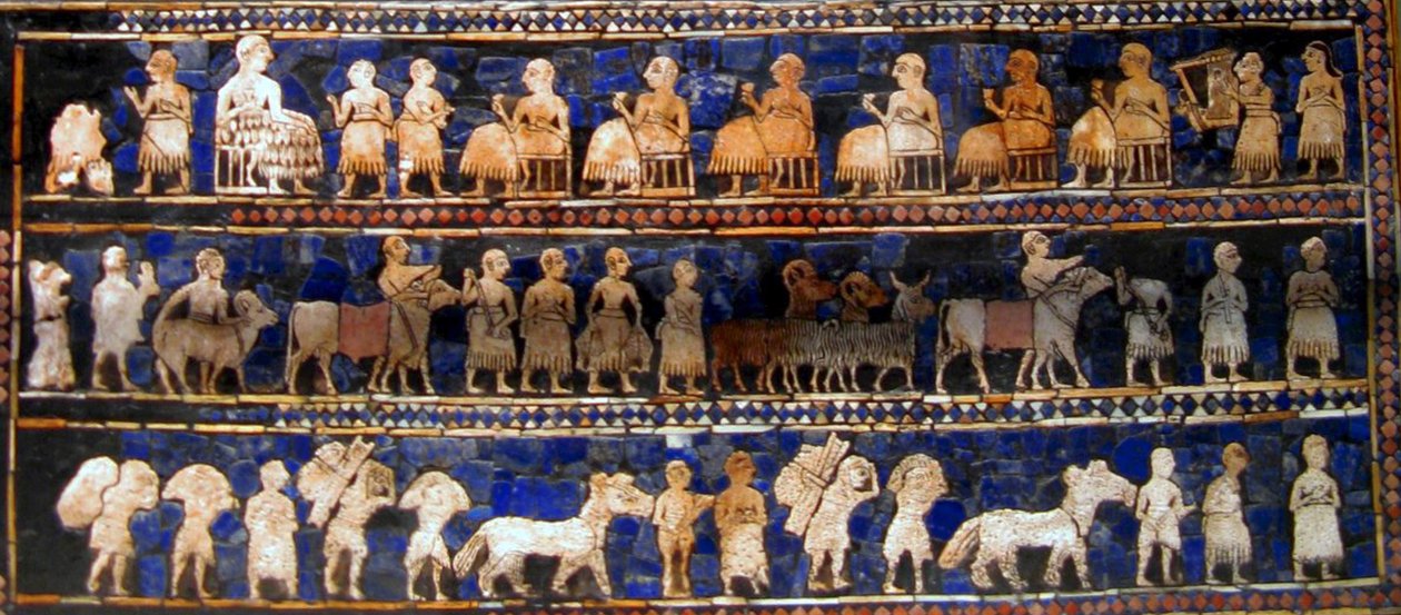 A "Béke" tábla az "Ur-i sztenderdből", Kr.e. 2600-2400 körül (festék fára) alkotó: Mesopotamian Mesopotamian