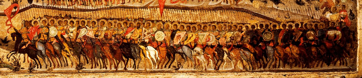 Áldott légy a mennyek királyának házigazdája Részlet: Alekszandr Nyevszkij és Szent György vezette alsó harcosok lőtávja, 1550-es évek alkotó: Metropolitan of Moscow Athanasius