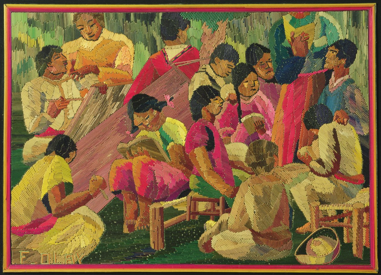Mexikói falusi jelenet (színes szalmafestés) alkotó: Mexican School