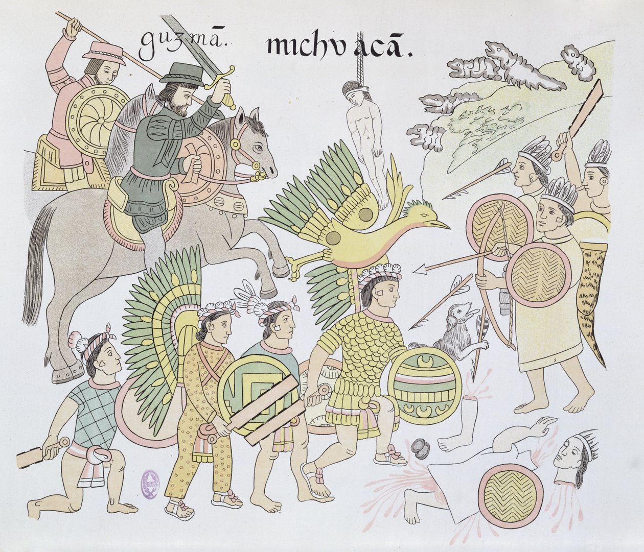 Michoacan-i csata spanyolok és aztékok között, illusztráció egy mexikói indián képtörténet fakszimiléjéből, Lienzo de Tlaxcala 1550 körül, 1892 alkotó: Mexican School