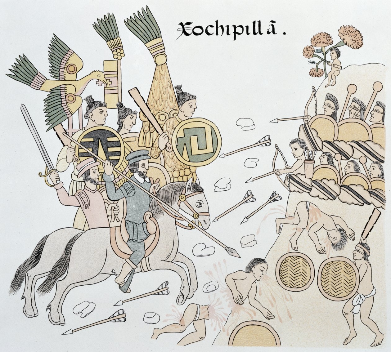 Xochipilla-i csata a spanyolok és az aztékok között, illusztráció egy mexikói indián képtörténet fakszimiléjéből, Lienzo de Tlaxcala 1550 körül, 1892 alkotó: Mexican School