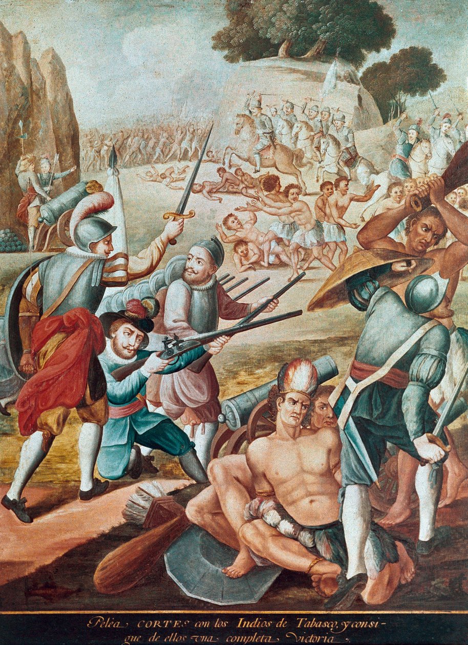 Mexikó meghódítása: csata Hernando Cortes (Hernan Cortez) (1485-1547) és Tabasco indiánjai ellen 1519-ben"" A mexikói iskola festménye alkotó: Mexican School