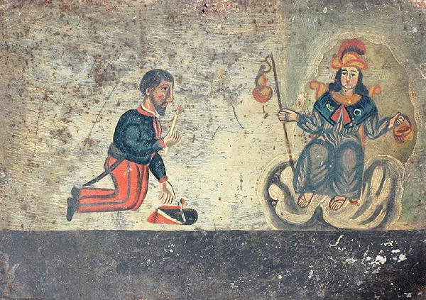 Ex-voto, amely egy francia katonát ábrázol, aki köszönetet mond Compostelai Szent Jakabnak (festett fém) alkotó: Mexican School