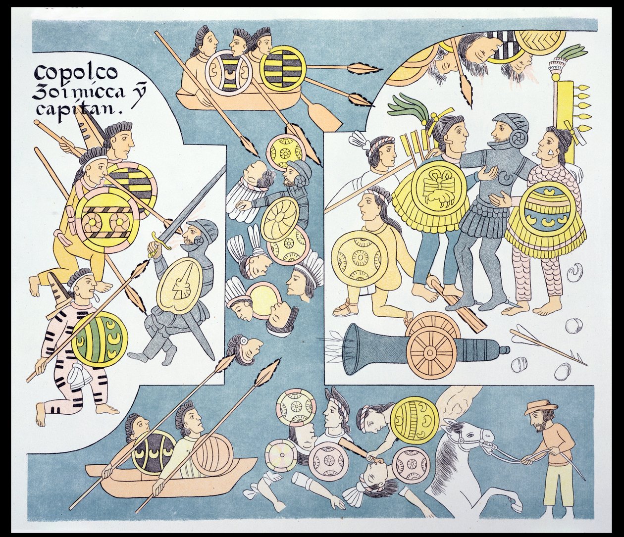 Utolsó csata Hernando Cortes (1485-1547) és Cuauhtemoc között Tenochtitlanban, 1521. augusztus, illusztráció egy mexikói indián képtörténet fakszimiléjéből, Lienzo de Tlaxcala 1550 körül, 1892 (colo). alkotó: Mexican School