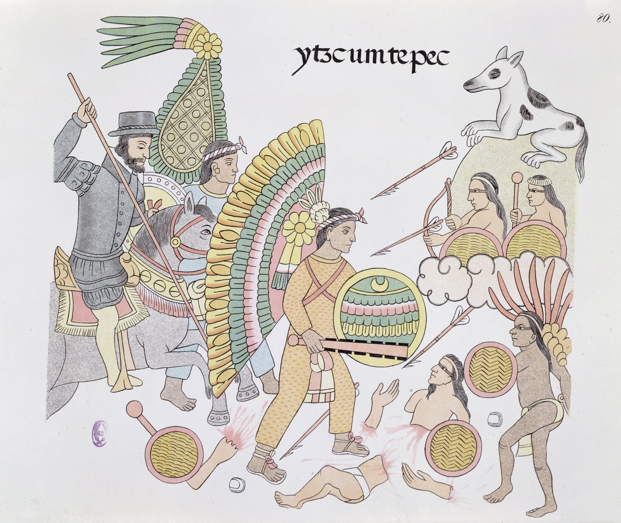 Hernando Cortes (1485-1547), aki Tenochtitlan ostrom alatt áll, elhatározza, hogy elhagyja a várost. Illusztráció egy mexikói indián képtörténet fakszimiléjéből, Lienzo de Tlaxcala 1550 körül, 1892 (színes litó) alkotó: Mexican School