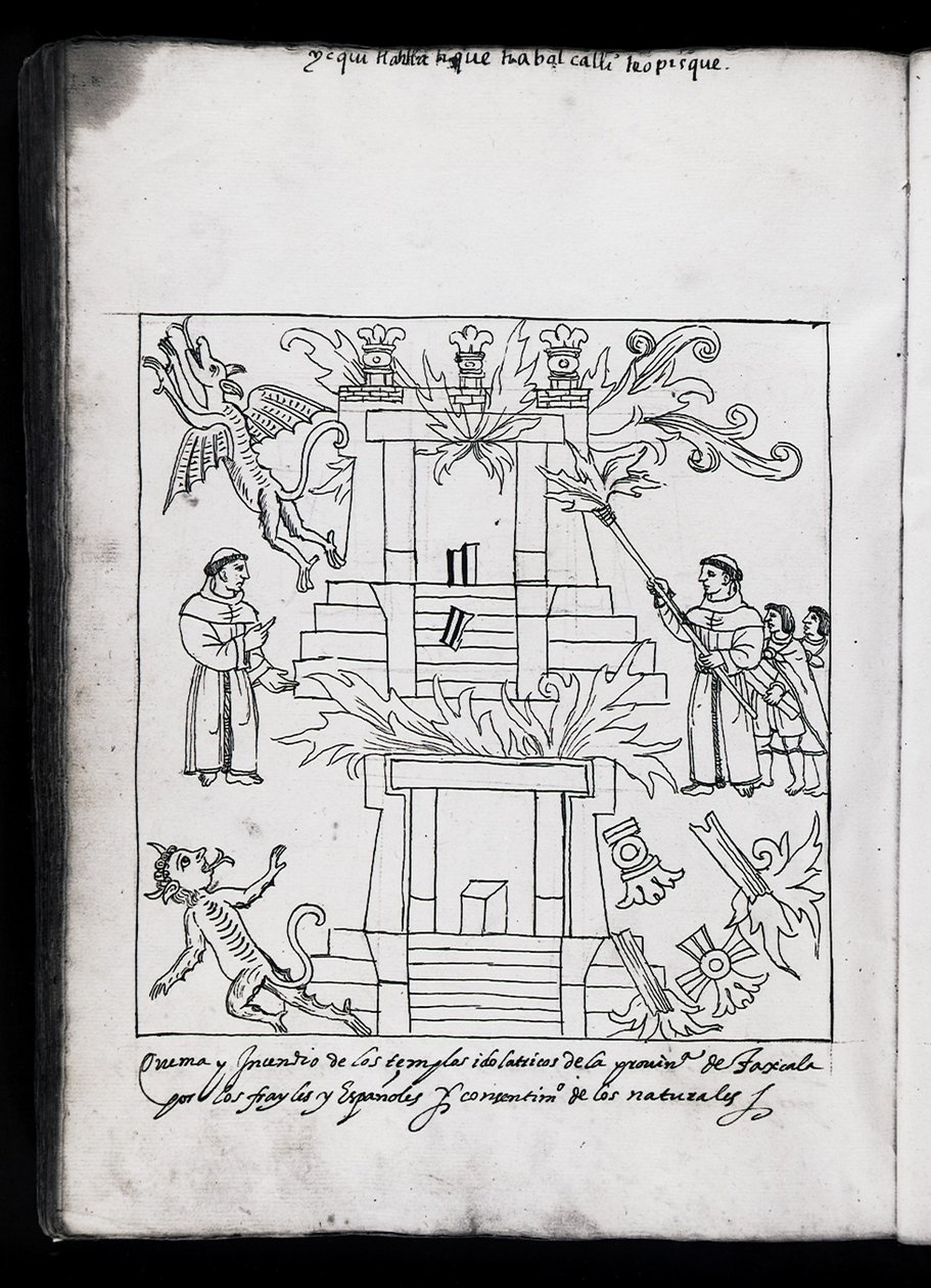 MS Hunter 242 f.240v The Burning of the Temples, Tlaxcala, illusztráció Diego Munoz Camargo 