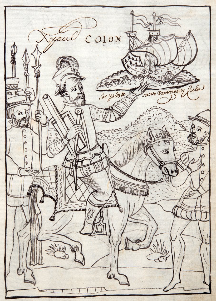 MS Hunter 242 f.247r Christopher Columbus, illusztráció a Historia de Tlaxcalából, Diego Munoz Camargo alkotó: Mexican School