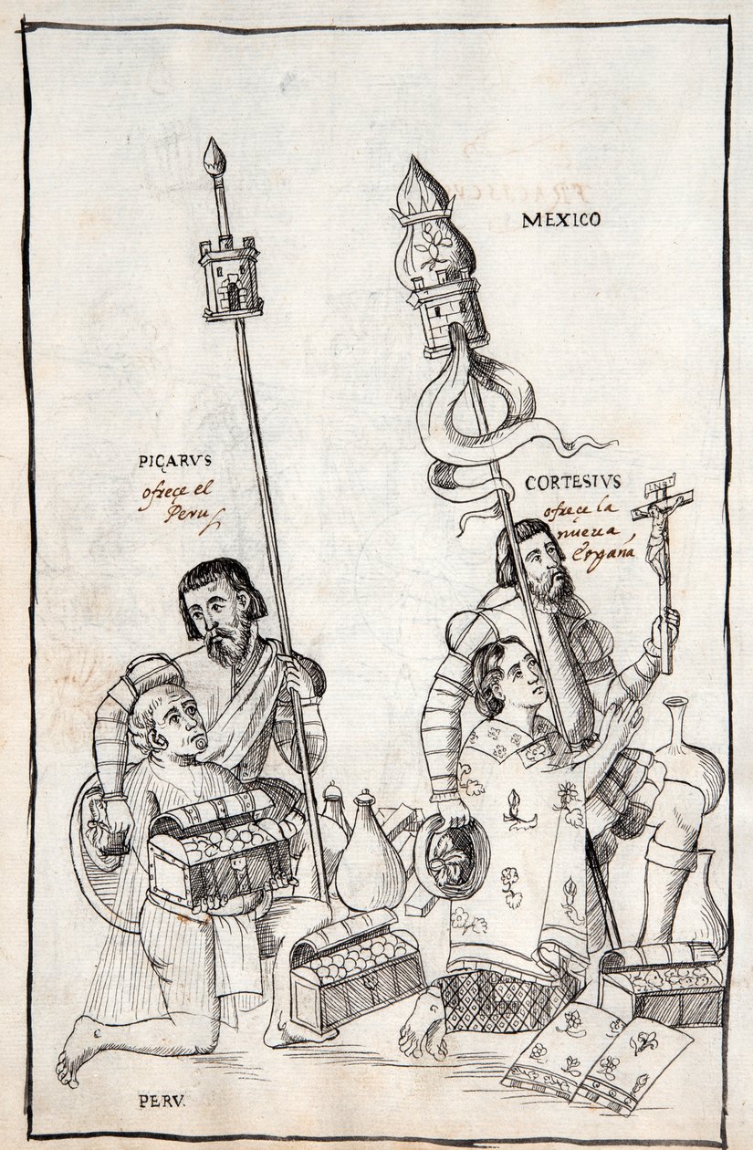 Az MS Hunter 242 f.248v Picarus (Pizarro) bemutatja Perut és Cortesius (Cortes) Nueva Espanát, illusztrációt Diego Munoz Camargo Historia de Tlaxcala című művéből alkotó: Mexican School